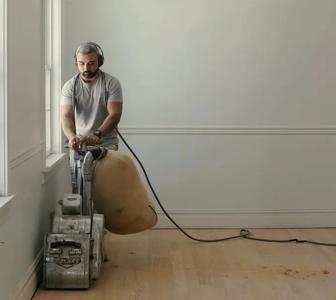 Worker sanding hardwood floor with large machine.
