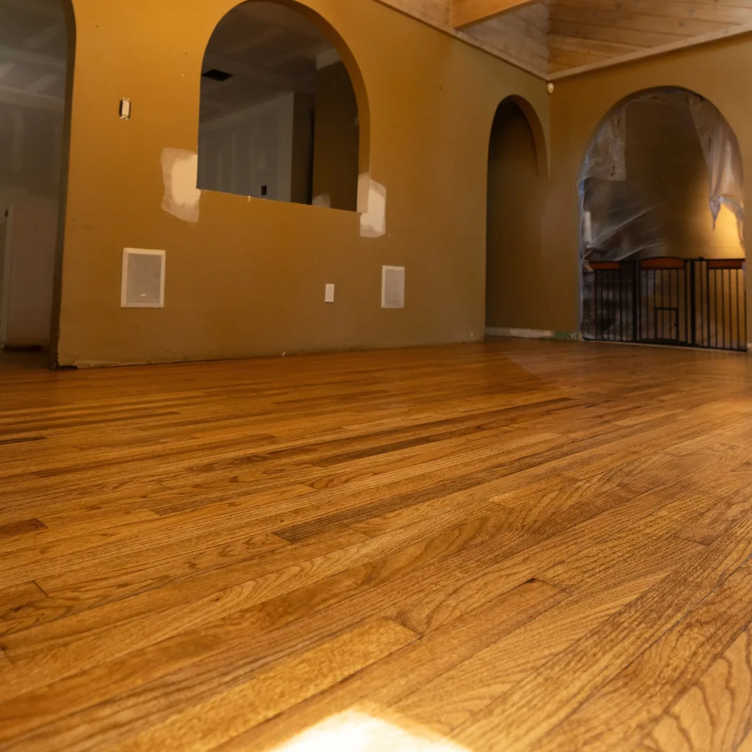 Newly installed hardwood floors in a room
